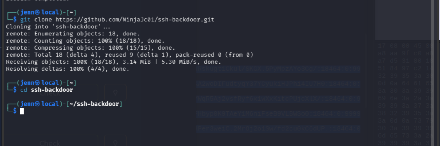 ssh-backdoor repository cloned and directory listing showing main.go
